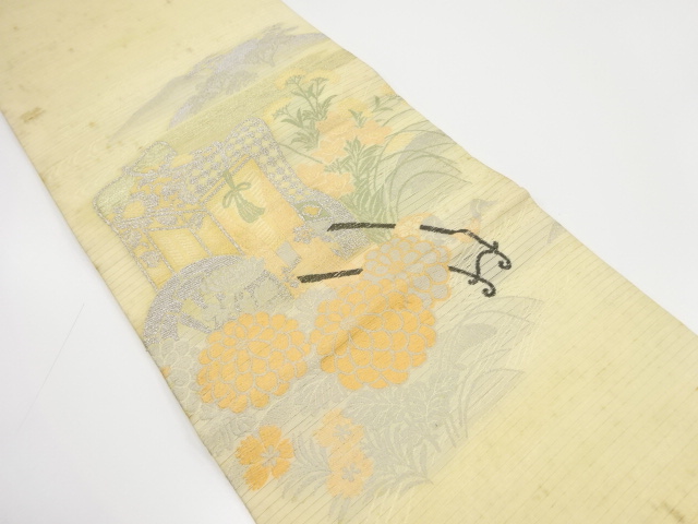 JAPANESE KIMONO / ANTIQUE MARU OBI FOR SUMMER / WOVEN CARRIAGE & KIKU